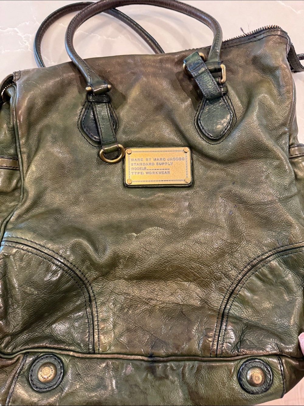 Marc by Marc Jacobs Olive Green Leather Tote with Branded Plaque
